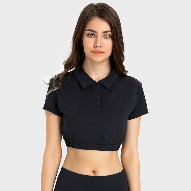 Women's active yoga crop top with short sleeve Black