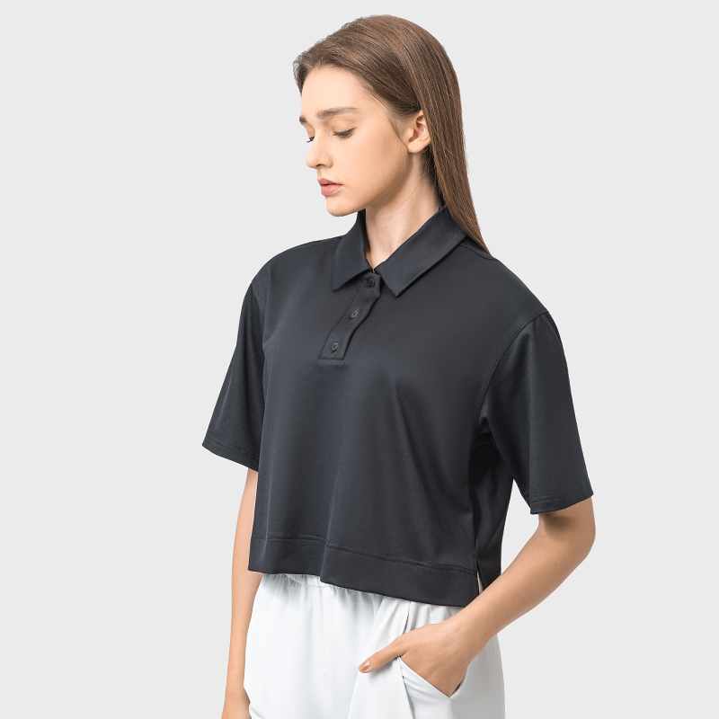 Women's loose fitting fitness suit, sporty and fashionable versatile POLO shirt Black