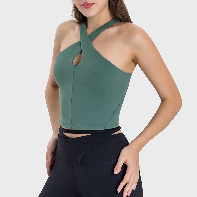 Women's cross-halter, midriff and halter sports vest Forest Green