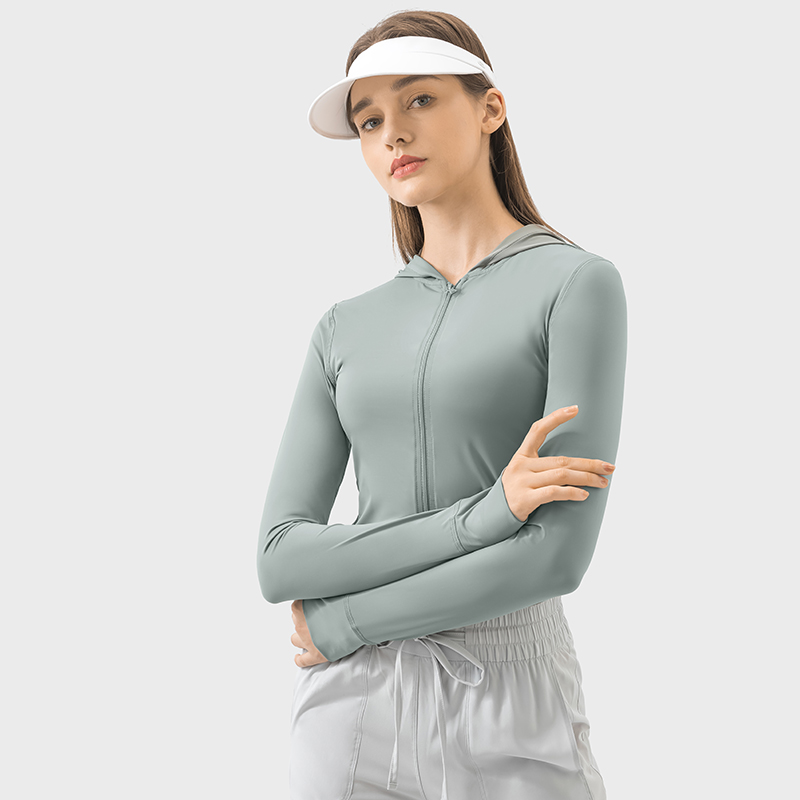 Women's outdoor sports hooded sunscreen clothes Sea blue gray