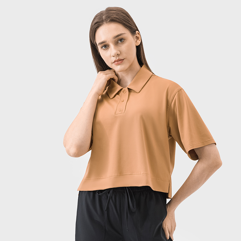 Women's loose fitting fitness suit, sporty and fashionable versatile POLO shirt Waxy brown