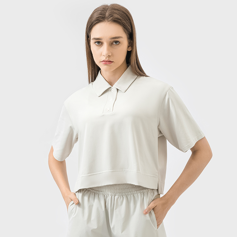 Women's loose fitting fitness suit, sporty and fashionable versatile POLO shirt Color:Albumin;Size:XL