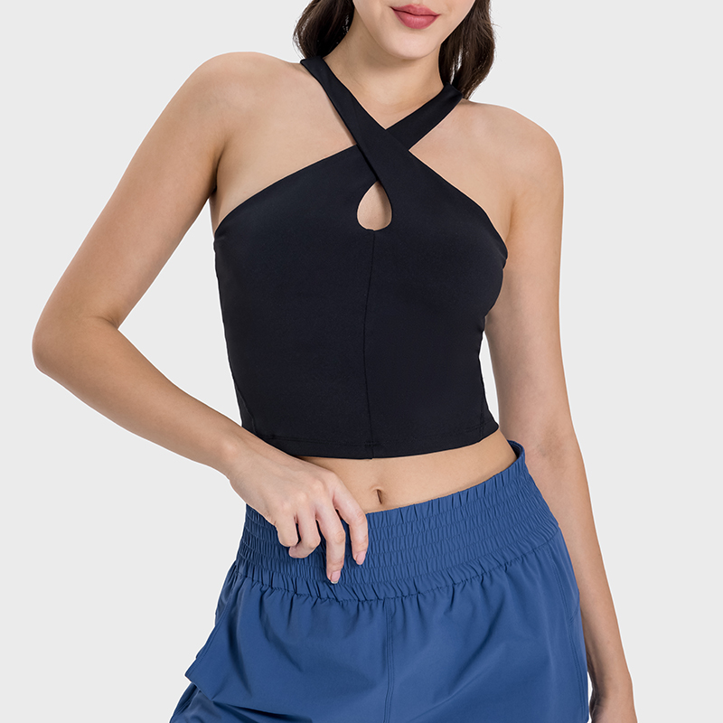 Women's cross-halter, midriff and halter sports vest Black