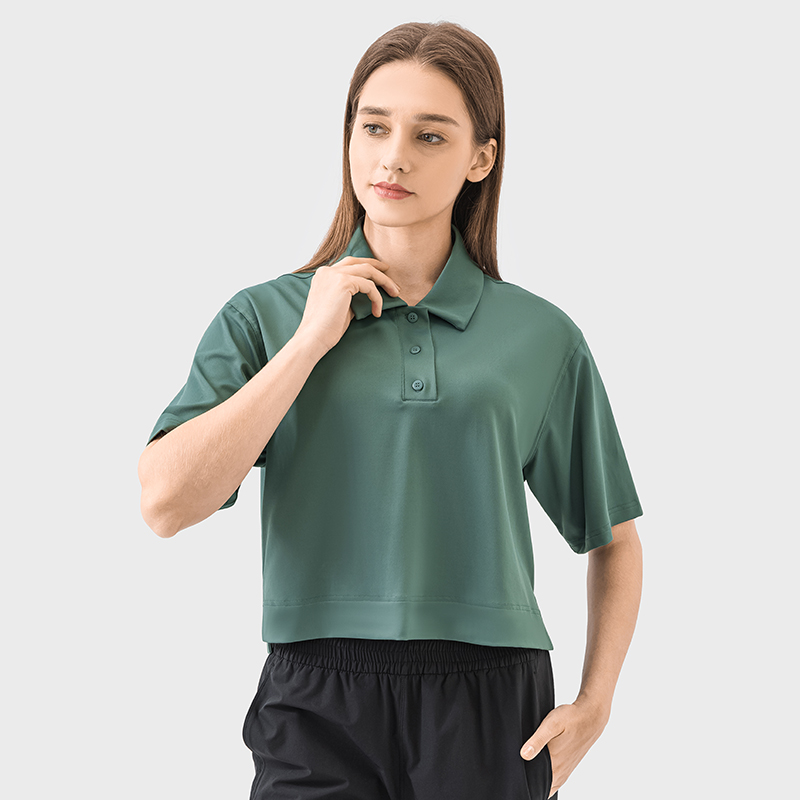 Women's loose fitting fitness suit, sporty and fashionable versatile POLO shirt Forest green