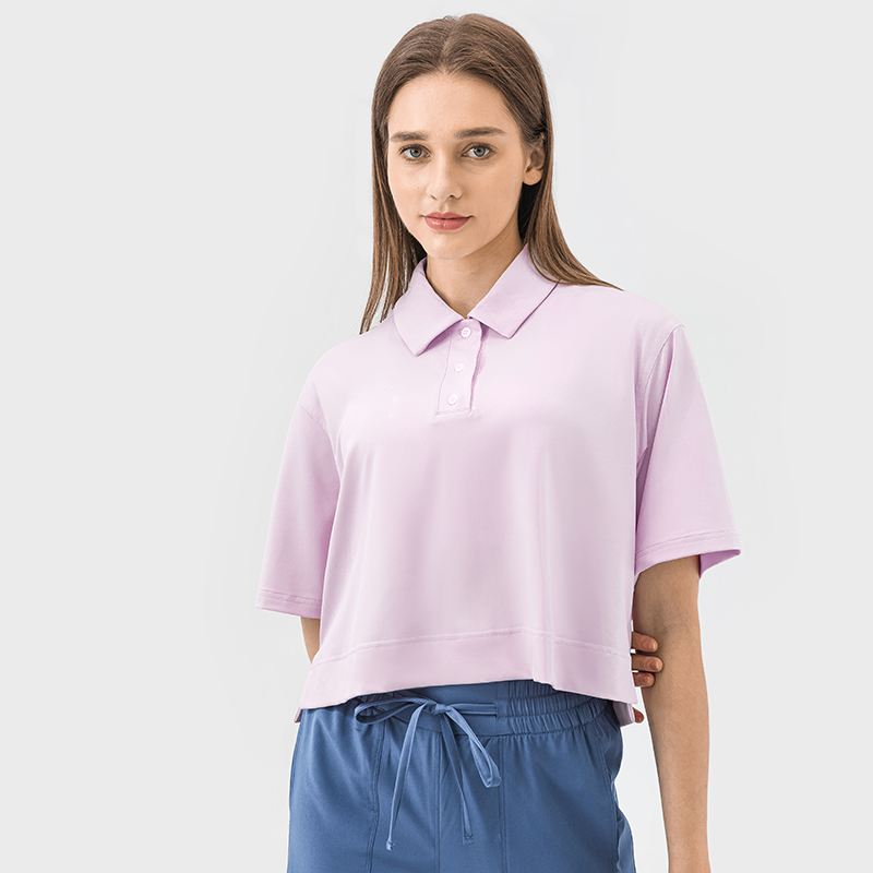Women's loose fitting fitness suit, sporty and fashionable versatile POLO shirt Sweet powder