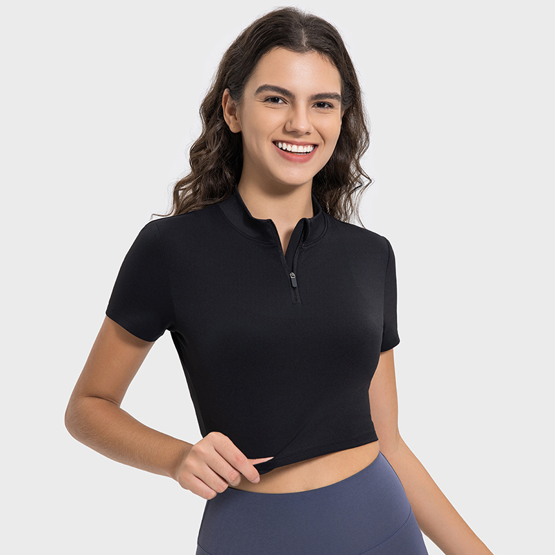 Women's soft and minimalist standing neck with half zipper casual sports short sleeves Black