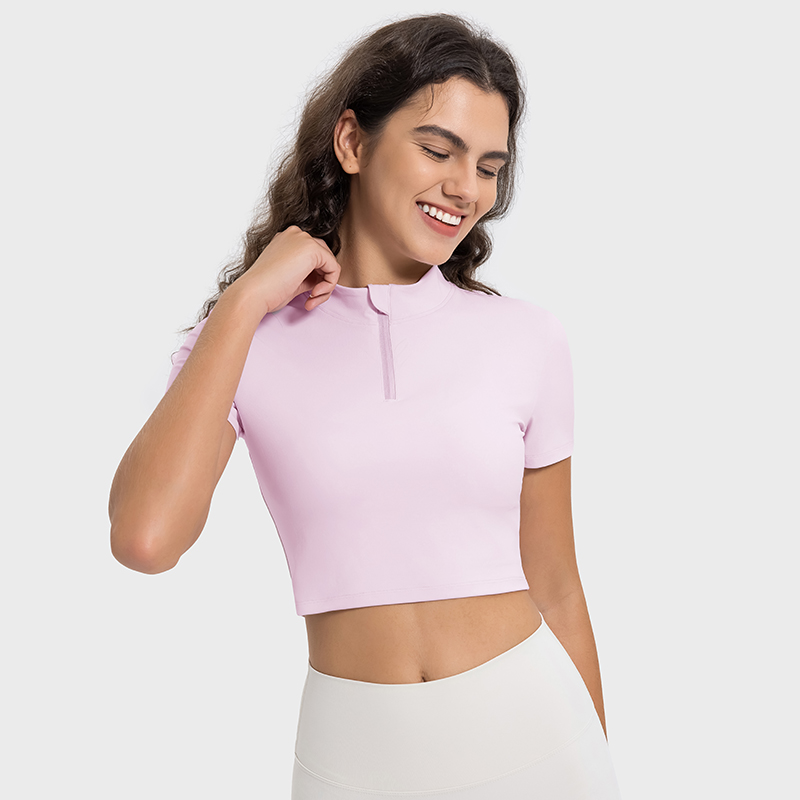 Women's soft and minimalist standing neck with half zipper casual sports short sleeves Sweet powder