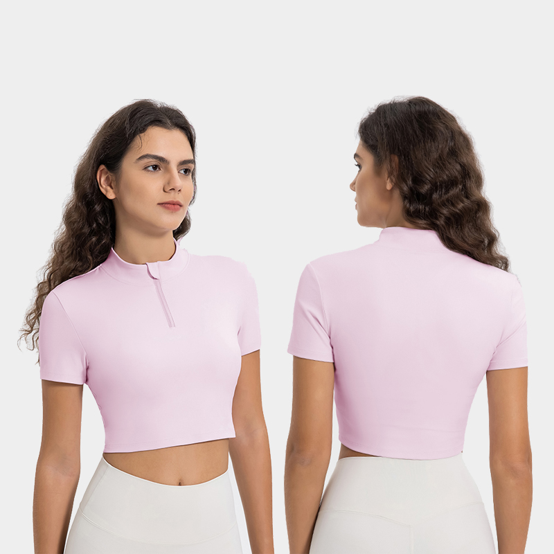 Women's soft and minimalist standing neck with half zipper casual sports short sleeves