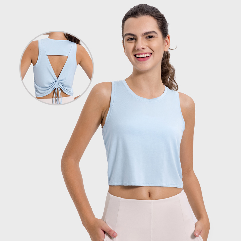 Women's skin friendly breathable drawstring hollow beautiful back round neck vest