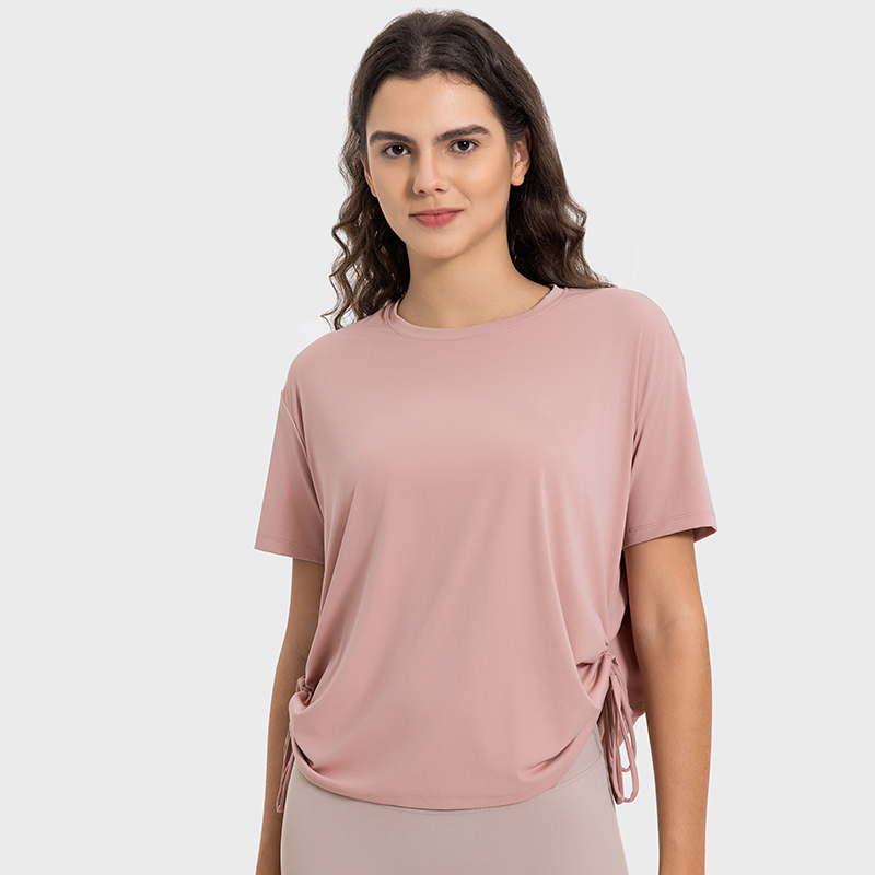 Women's breathable quick drying drawstring comfortable round neck short sleeves Pomelo color