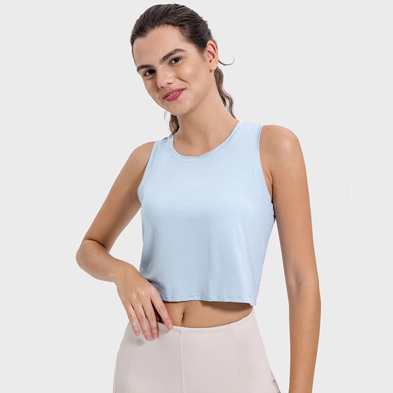Women's skin friendly breathable drawstring hollow beautiful back round neck vest Blue linen