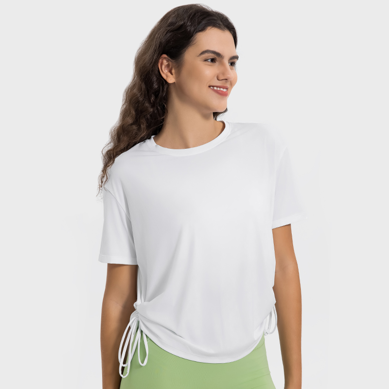 Women's breathable quick drying drawstring comfortable round neck short sleeves White