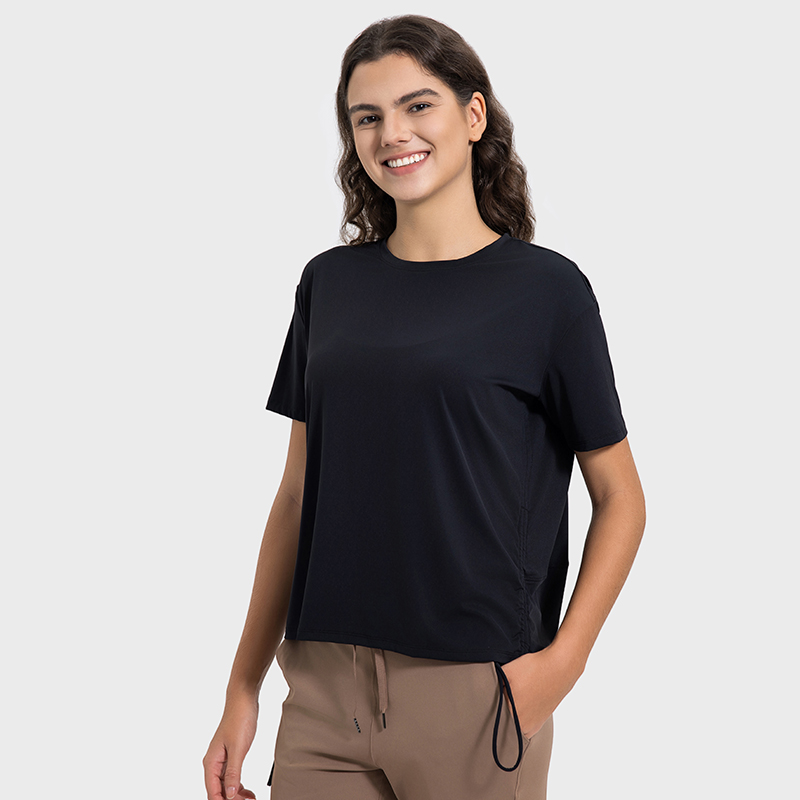 Women's breathable quick drying drawstring comfortable round neck short sleeves Black