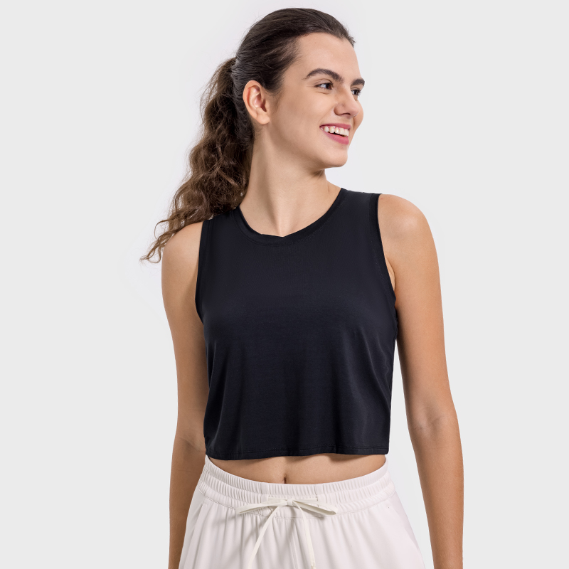 Women's skin friendly breathable drawstring hollow beautiful back round neck vest  Black