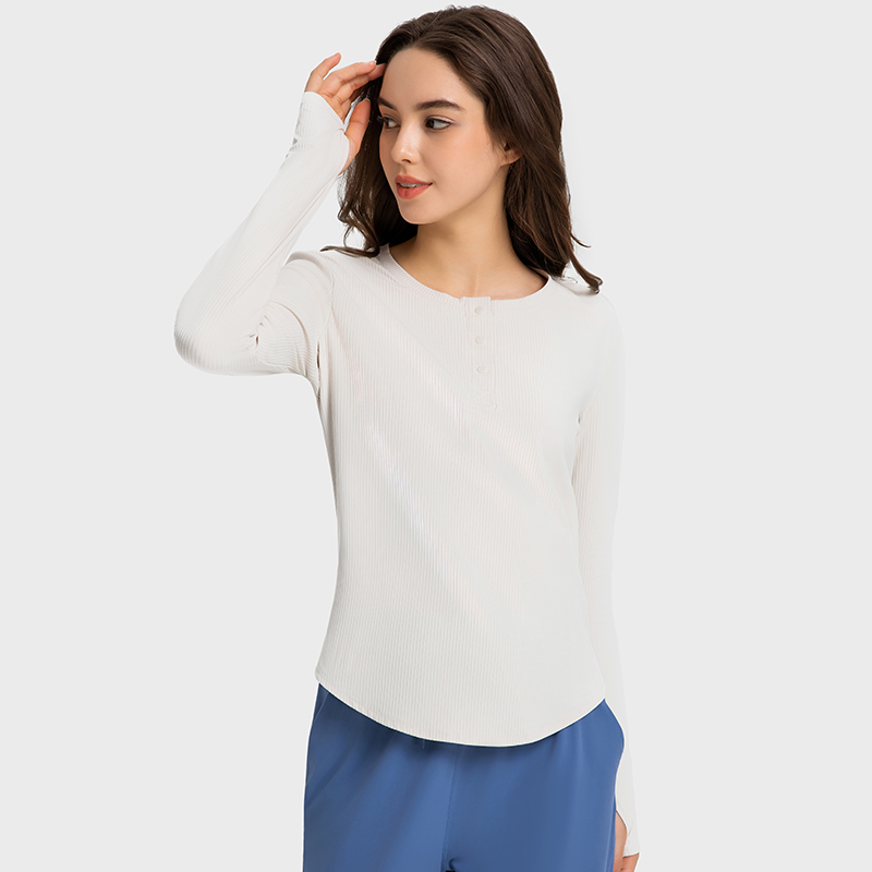 Women's vertical ribbed sports long sleeved yoga suit Pearlescent white