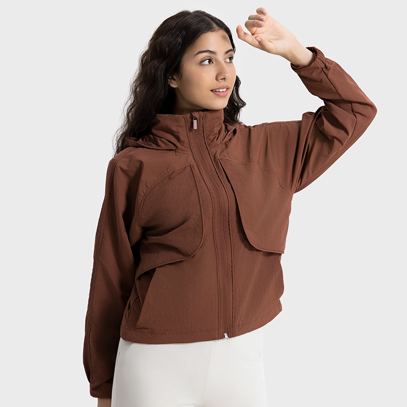 Women's woven windproof and rainproof versatile hooded jacket Cocoa color