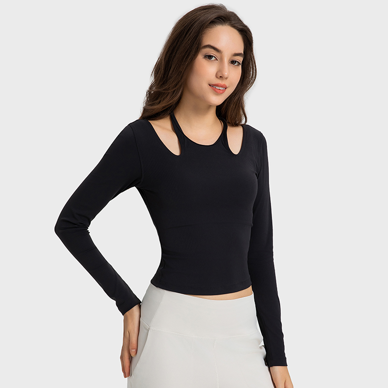 Women's sexy neck hanging long sleeved slim fit Pilates yoga suit Black