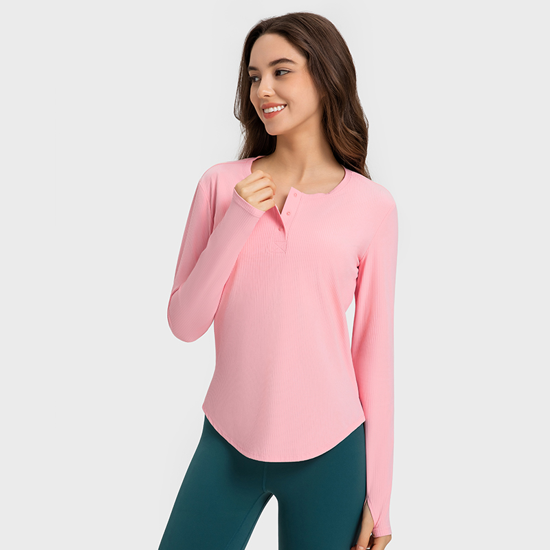 Women's vertical ribbed sports long sleeved yoga suit Color:Dewy powder;Size:S