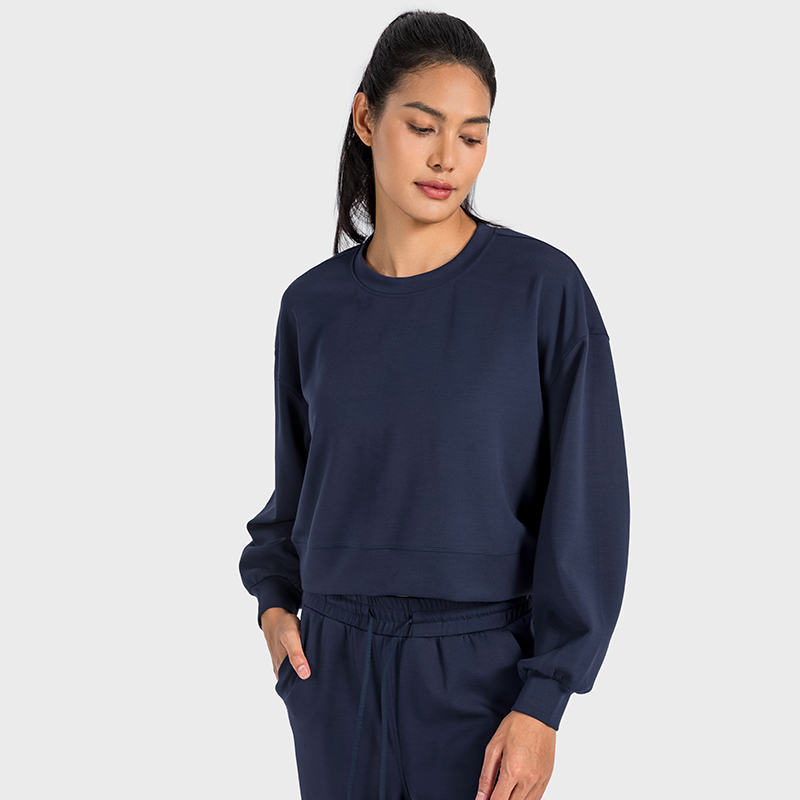 Women's round neck casual long sleeved draped sports hoodie Navy blue