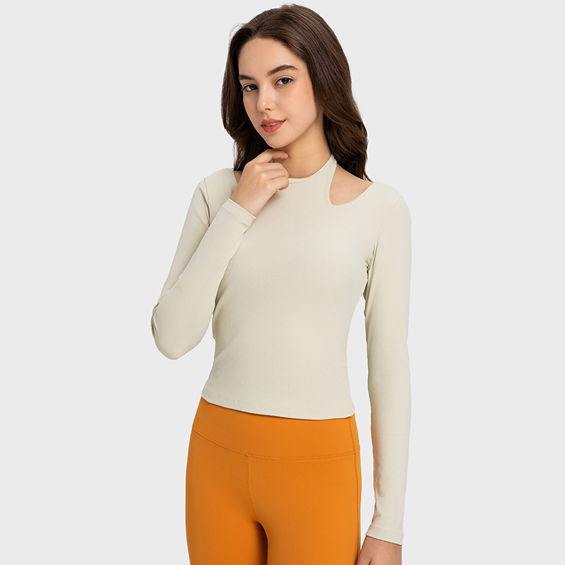 Women's sexy neck hanging long sleeved slim fit Pilates yoga suit Light ivory