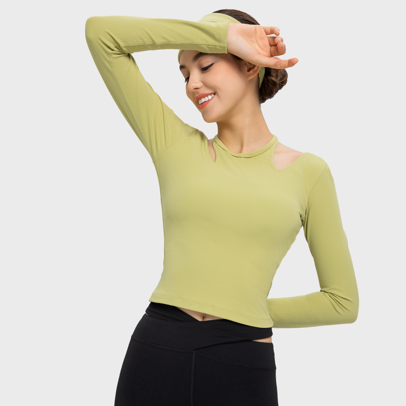 Women's sexy neck hanging long sleeved slim fit Pilates yoga suit Lily green