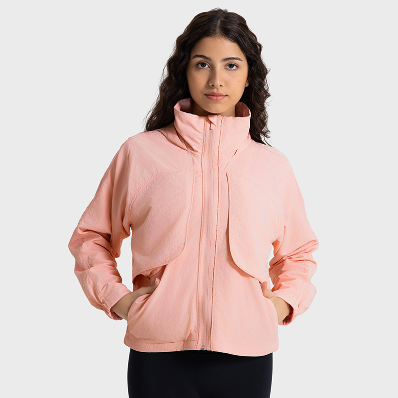 Women's woven windproof and rainproof versatile hooded jacket Color:Light rose pink;Size:S