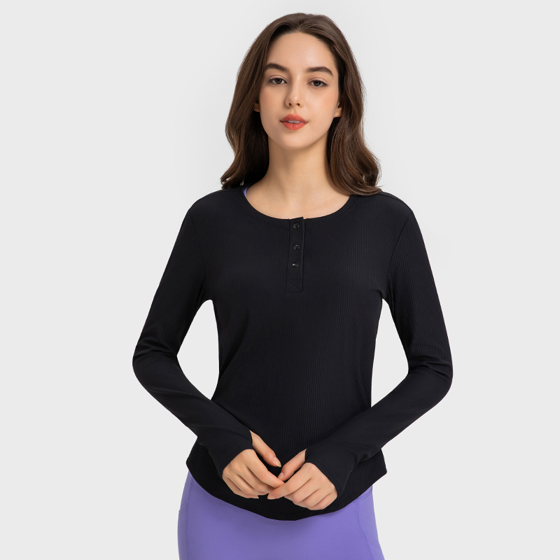 Women's vertical ribbed sports long sleeved yoga suit Black