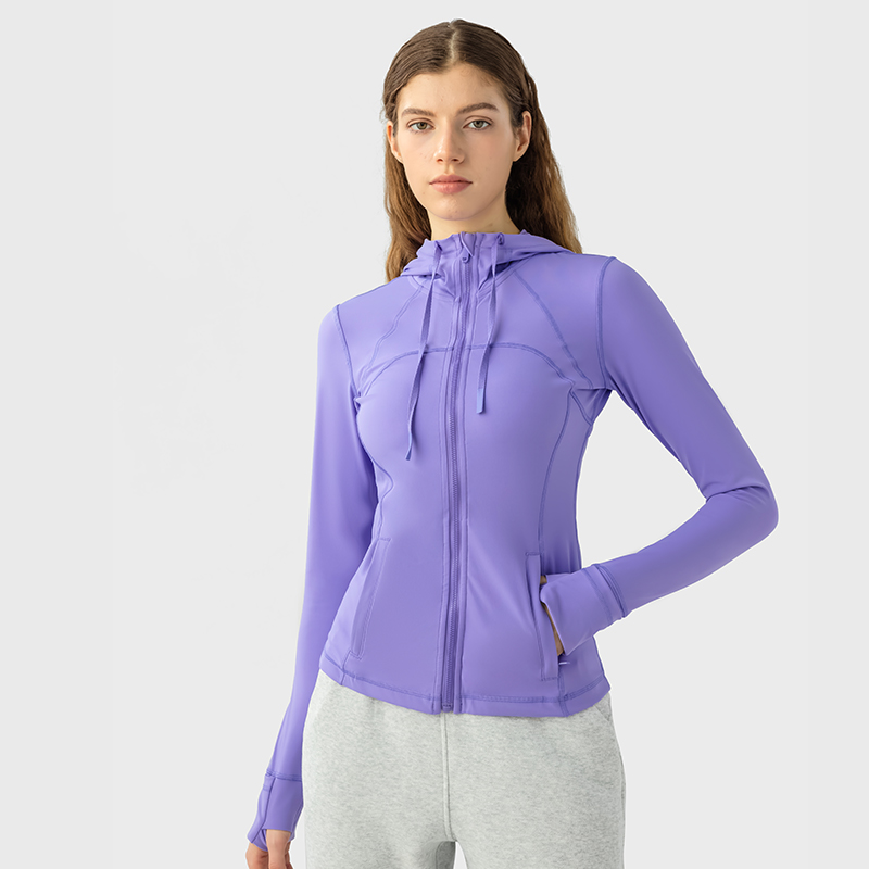 Women's slim fitting and elastic running yoga hooded jacket Platycodon purple 