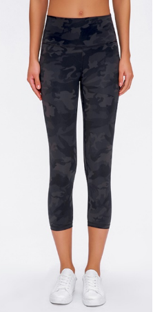 Women's double-sided brushed high waisted and hip lifting quick drying sports capris Color:Camouflage black  ;Size:S