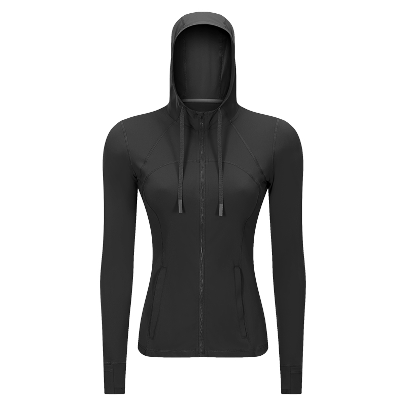 Women's slim fitting and elastic running yoga hooded jacket Black