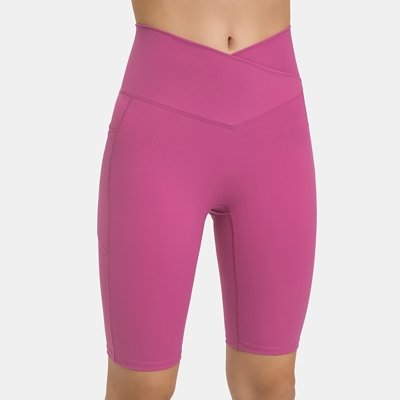 Women's cross waist sports leggings with double-sided pockets Color:FUCHSIA;SIZE:S