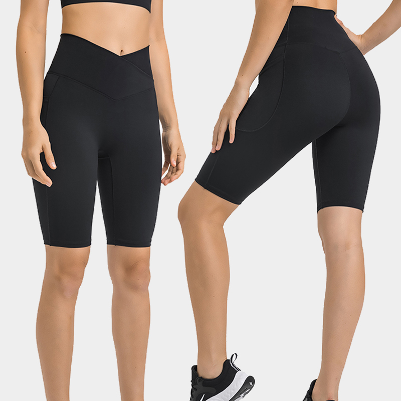 Women's cross waist sports leggings with double-sided pockets