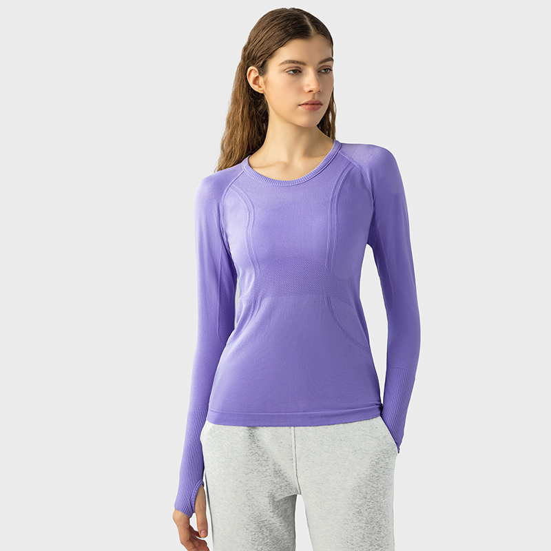 Women's long sleeved sports T-shirt slim fit breathable yoga PLATYCODON PURPLE