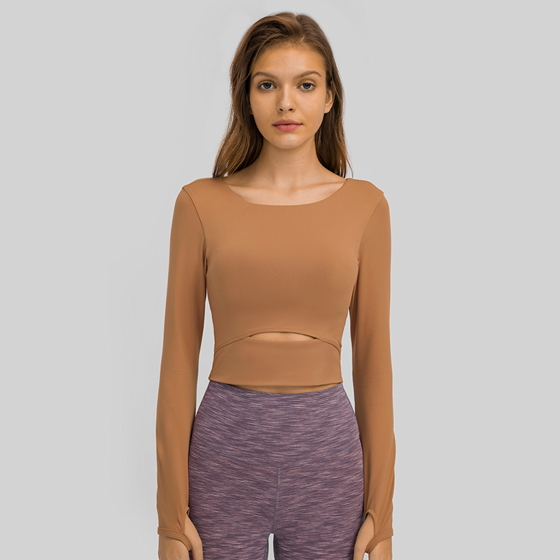 Women's sports long sleeved T-shirt slim yoga top Color:CAMAREL;SIZE:S