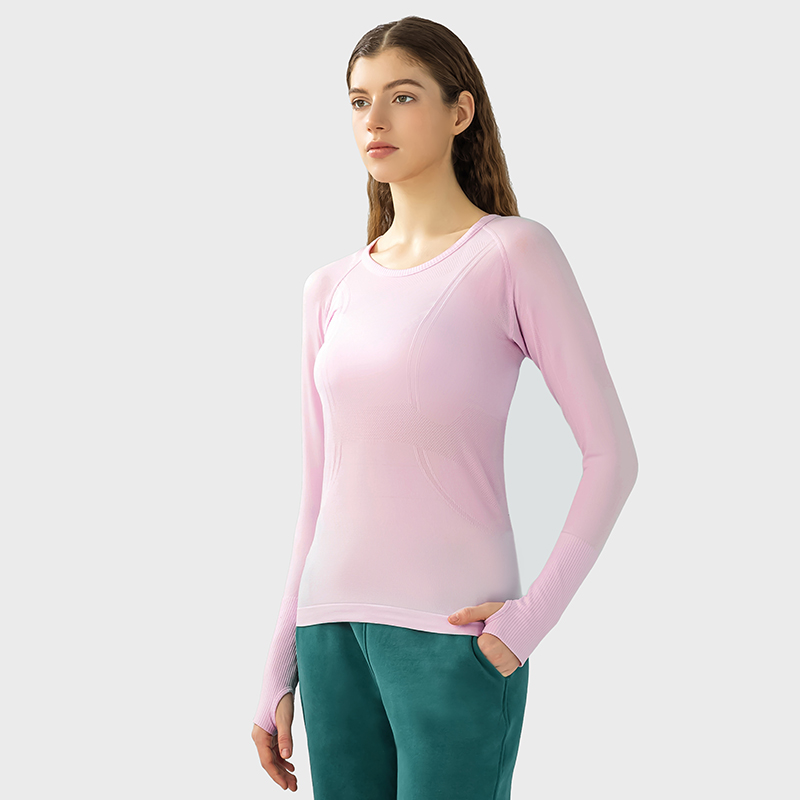 Women's long sleeved sports T-shirt slim fit breathable yoga Color:PINK PEONY;SIZE:S