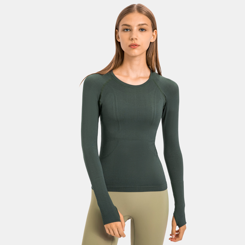 Women's long sleeved sports T-shirt slim fit breathable yoga Color:DARK GREEN;SIZE:S
