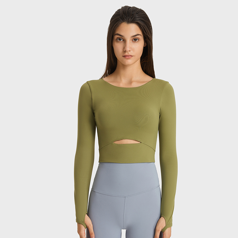 Women's sports long sleeved T-shirt slim yoga top Color:GRASS GREEN;SIZE:S