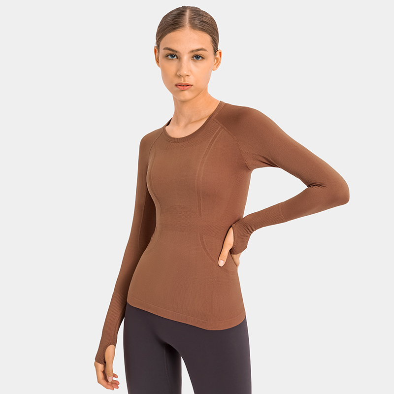 Women's long sleeved sports T-shirt slim fit breathable yoga COCO BROWN