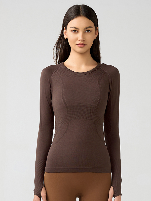 Women's long sleeved sports T-shirt slim fit breathable yoga Color:ESPRESSO COLOR;SIZE:S
