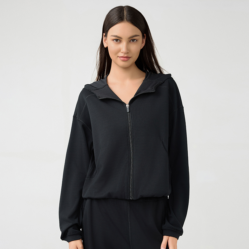 Women's hooded zipper cardigan jacket Color:Black;SIZE:S