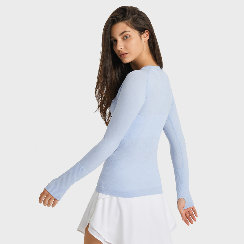 Women's long sleeved sports T-shirt slim fit breathable yoga Color:WATER BLUE;SIZE:S