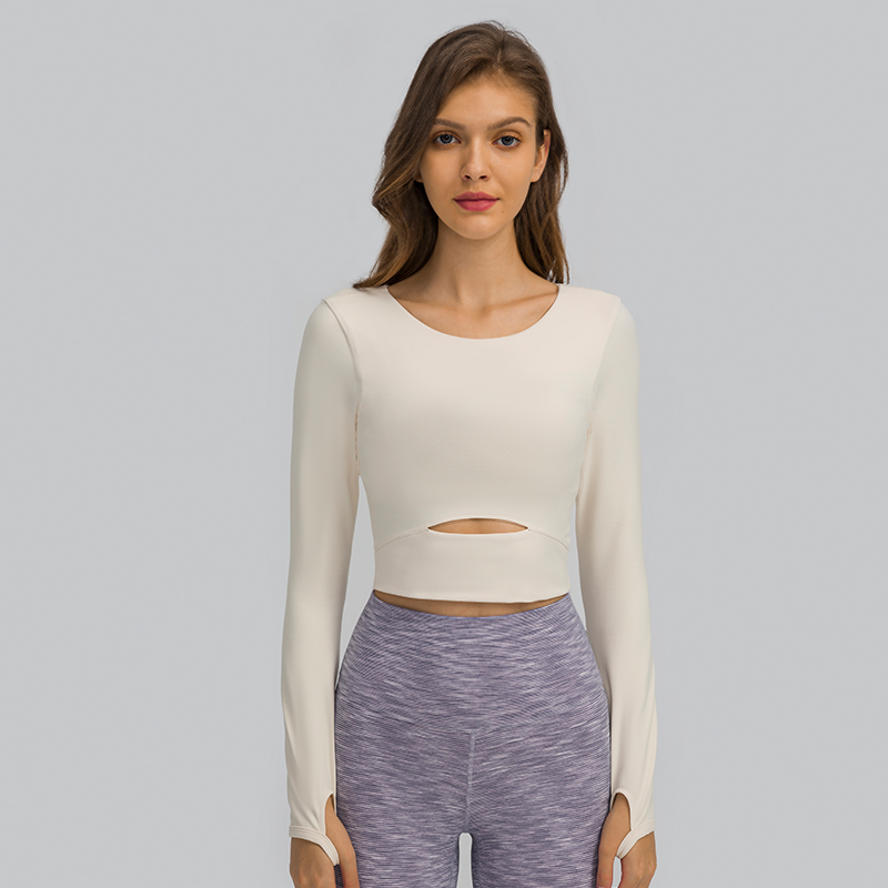 Women's sports long sleeved T-shirt slim yoga top Color:BEIGE;SIZE:S
