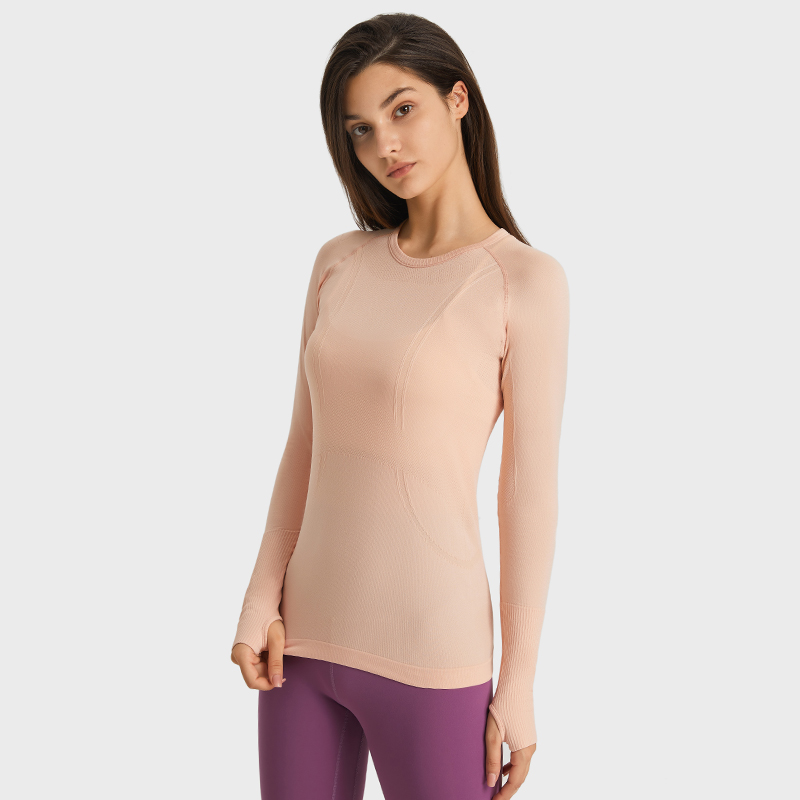 Women's long sleeved sports T-shirt slim fit breathable yoga Color:SHALLOW APRICOT;SIZE:S