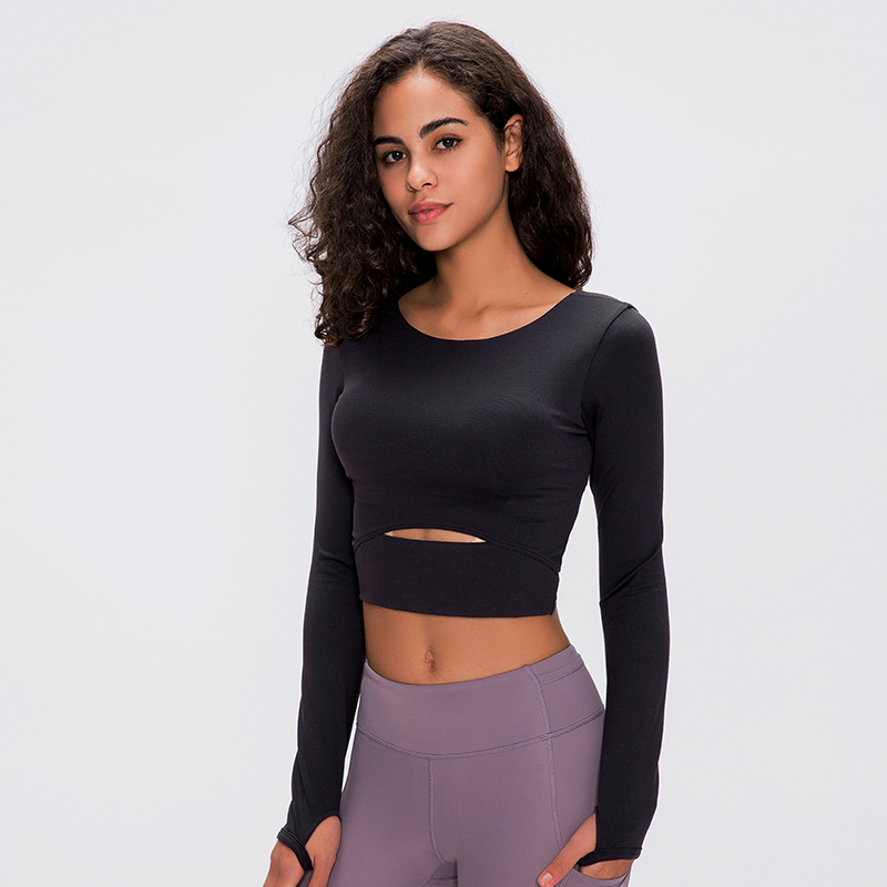 Women's sports long sleeved T-shirt slim yoga top Color:BLACK;SIZE:S