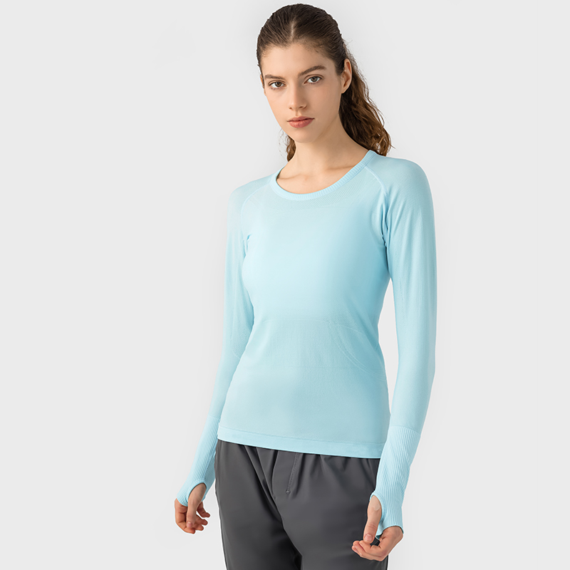 Women's long sleeved sports T-shirt slim fit breathable yoga Color:ICE BLUE;SIZE:2XL