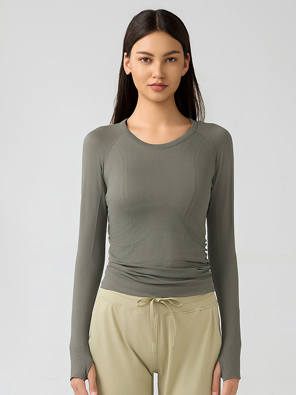 Women's long sleeved sports T-shirt slim fit breathable yoga KHAKI BROWM GREEN 