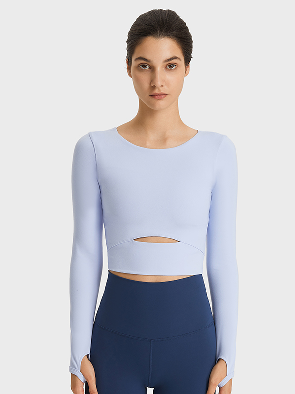 Women's sports long sleeved T-shirt slim yoga top Color:WHITE BLUE;SIZE:S