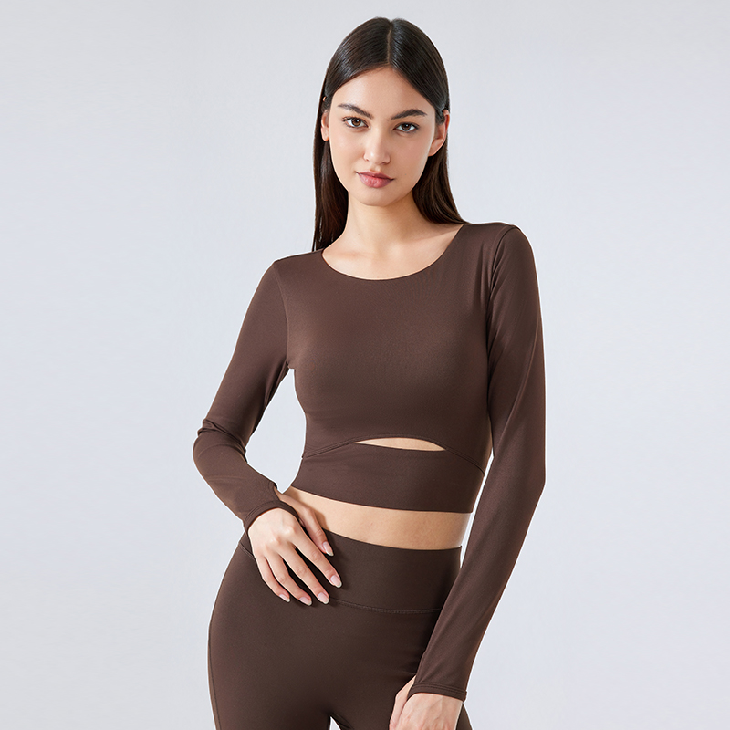 Women's sports long sleeved T-shirt slim yoga top ESPRESSO COLOR