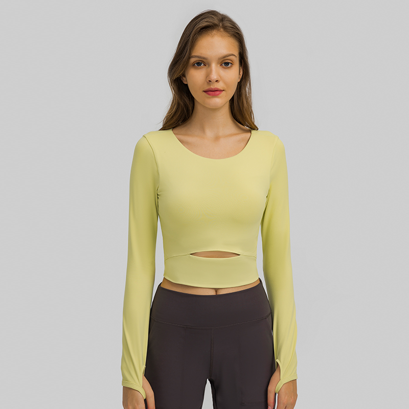 Women's sports long sleeved T-shirt slim yoga top Color:YELLOW;SIZE:S