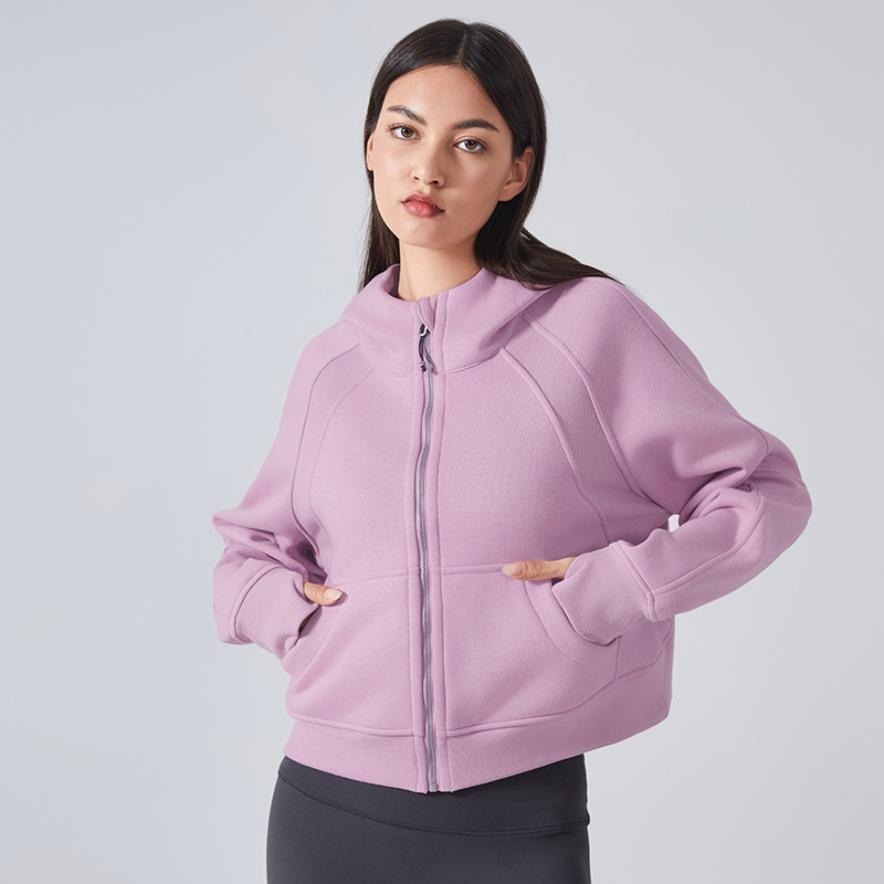 Women's Velvet Zipper Hooded Sports Jacket Color:Pink Peony;SIZE:S